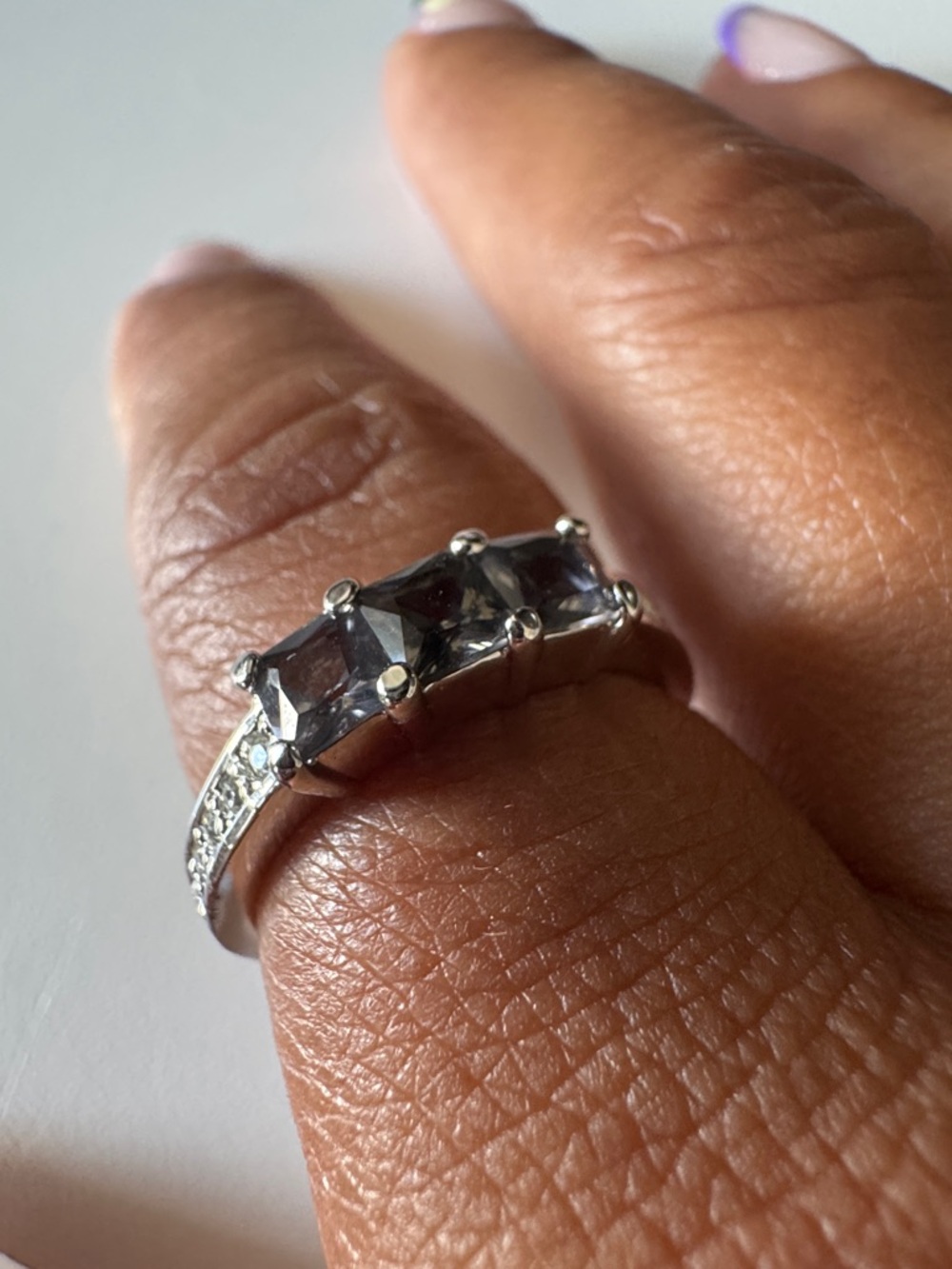 Sterling Silver Triple Stone Smoky Quartz Ring - Elegant Black-Grey Gemstone